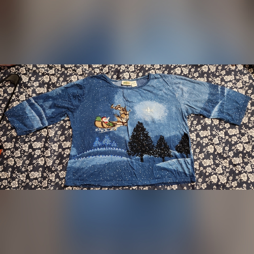 Festive Blue Tee with Reindeer Design